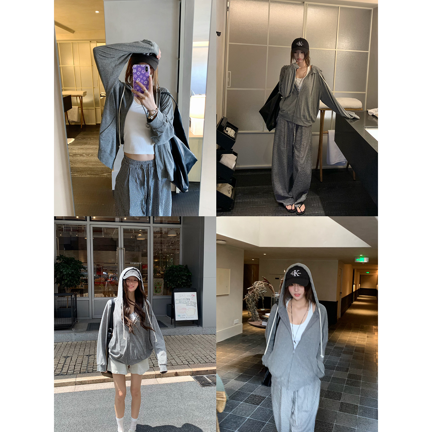 荒荒家点点花纱灰色连帽外套2026夏季新款薄款运动宽松休闲上衣女