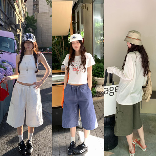 荒荒家做旧工装中裤2026夏季新款休闲松紧腰抽绳七分阔腿短裤女