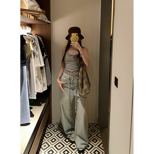 女 荒荒家腰绳浅色牛仔裤 2025夏季 新款 宽松直筒阔腿毛边拖地休闲裤