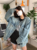 荒荒家复古做旧蓝色牛仔外套2026春秋新款 港风宽松廓形休闲夹克女
