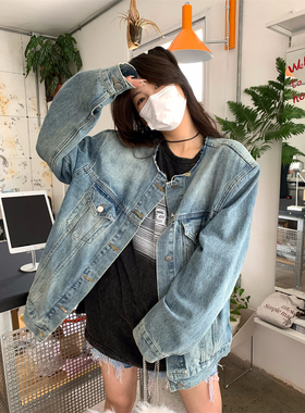 荒荒家复古做旧蓝色牛仔外套2025秋季新款港风宽松廓形休闲夹克女