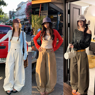 宽松显瘦直筒高腰阔腿长裤 2026春夏新款 女 大褶弯刀休闲裤 荒荒家
