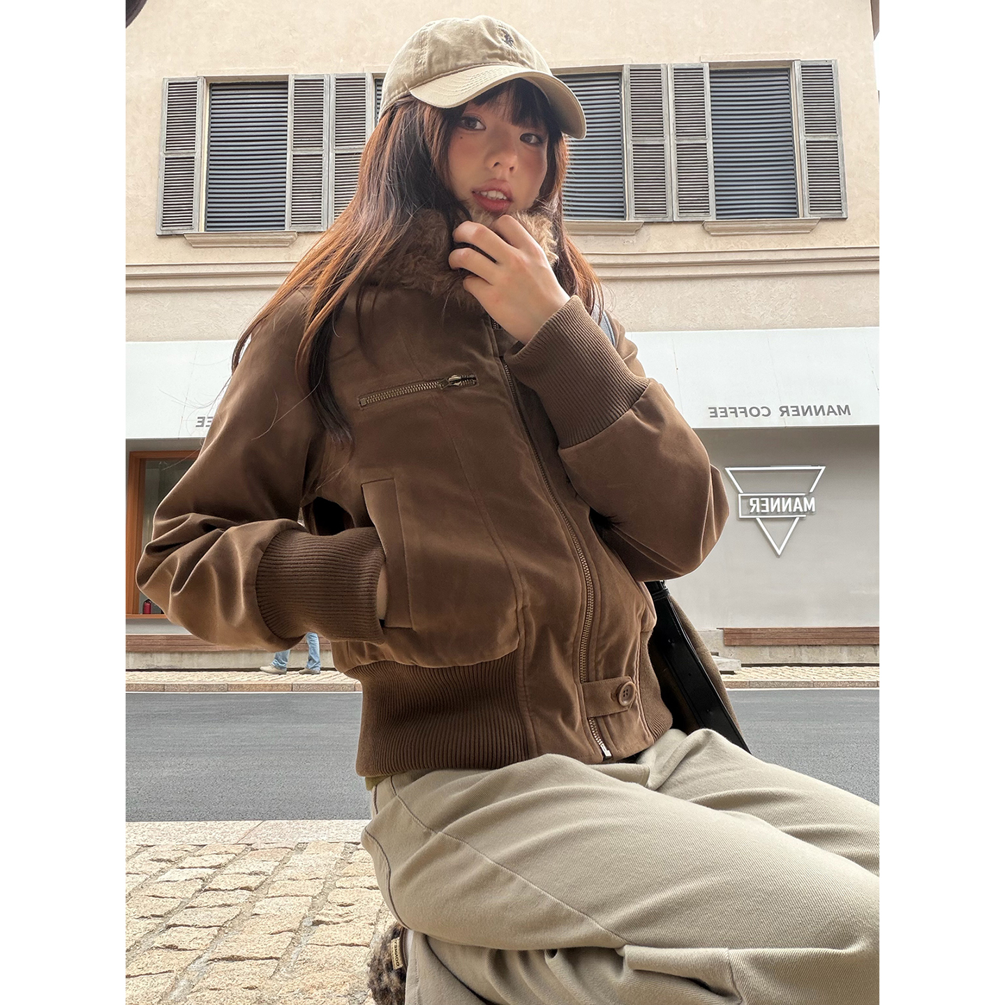 荒荒家磨砂绒毛领夹棉外套