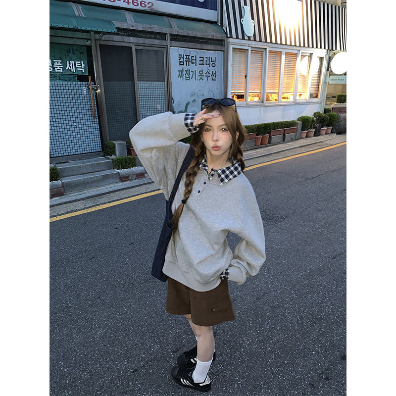 荒荒家假两件拼接格子翻领卫衣