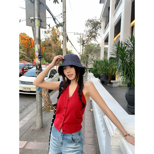 荒荒家 miu系针织挂脖背心2026春夏新款小众无袖马甲毛衣薄外套女