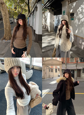 荒荒家 半高领磨毛长袖T2025冬季新款套头修身纯欲打底内搭外穿女