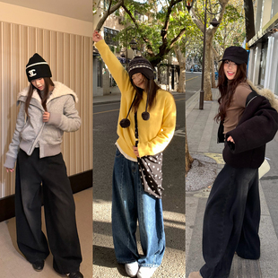 复古时髦加厚直筒阔腿休闲裤 新款 女 2025冬季 荒荒家抓毛弯刀牛仔裤