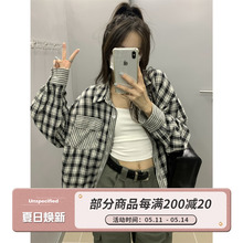 荒荒家 黑白格子衬衫2023新款韩版翻领落肩宽松格纹防晒衬衣女夏