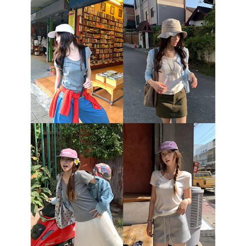 荒荒家雪花U领短袖2026春夏新款百搭休闲纯色基础款打底T恤女外穿