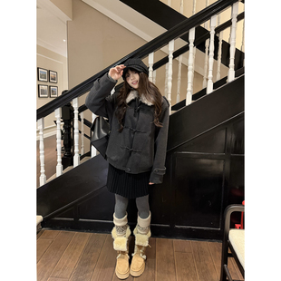 保暖牛角扣呢大衣女 新款 荒荒家 可拆卸毛领夹棉加厚外套2025冬季