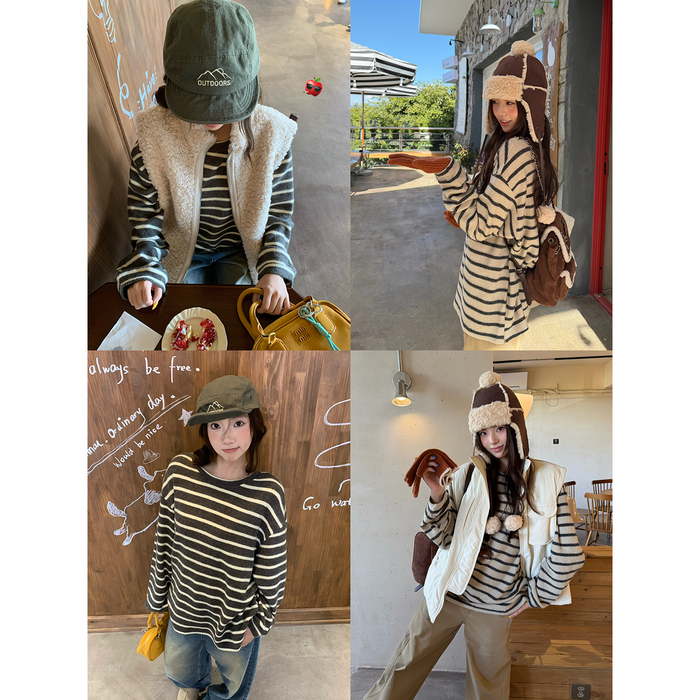 荒荒家宽松条纹长袖T