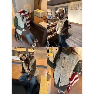 荒荒家 装饰扣毛绒茸马甲2025冬季新款卡其色小众加厚背心外套女