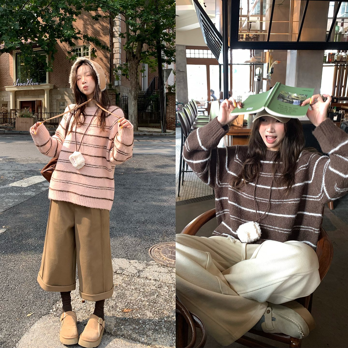 荒荒家圆领撞色条纹毛衣