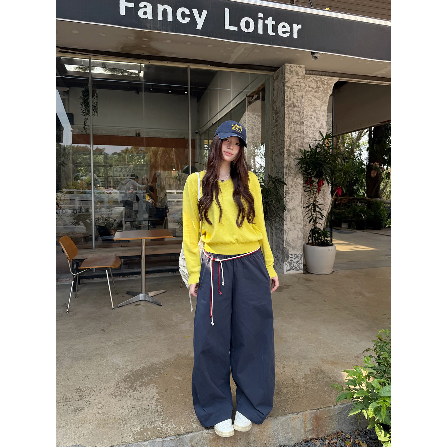 荒荒家 装饰抽绳休闲裤2026春季新款小众宝蓝色直筒休闲阔腿裤女