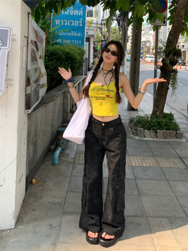 荒荒家 做旧灰黑色工装裤2025夏季新款街头直筒高腰阔腿休闲裤女