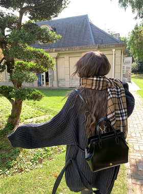 荒荒家 腰带毛衣外套2025冬季新款宽松慵懒收腰坑条纹针织开衫女