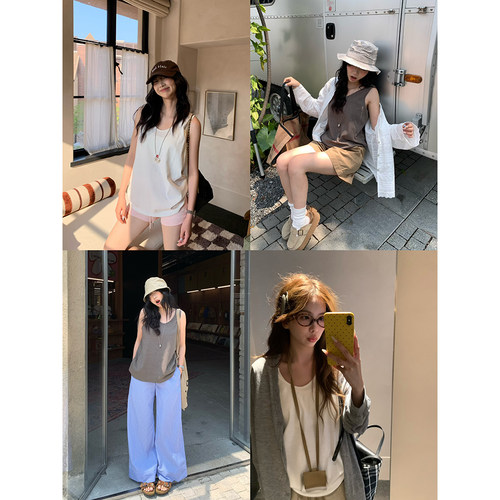 荒荒家 竹节棉弹力背心2026夏季新款宽松慵懒打底无袖上衣外穿女