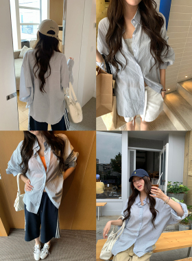 荒荒家 浅蓝色条纹衬衫2026夏季新款气质休闲舒适宽松衬衣外套女