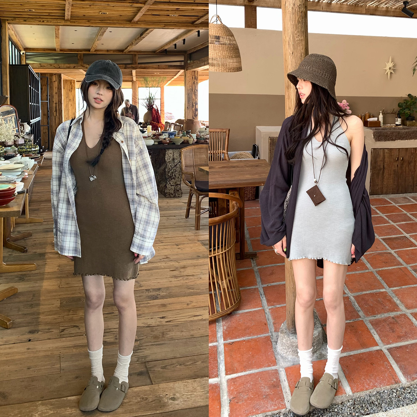 荒荒家 挂脖露背针织连衣裙2026夏季新款弹力设计修身a字背心短裙