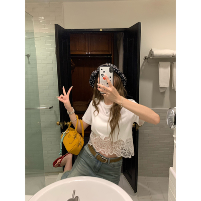 荒荒家 不规则蕾丝纯欲T恤2025夏季新款白色法式修身设计短袖女