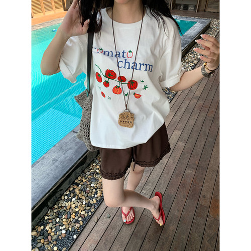 荒荒家 英文番茄印花短袖2025夏季新款小众宽松设计减龄白色T恤女