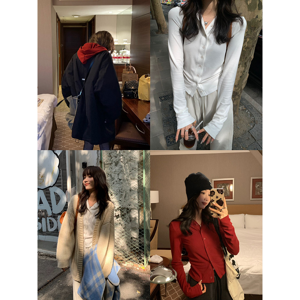 荒荒家  开扣连帽长袖T2025冬季新款宽松韩版纯色简约针织外套女,女装/女士精品,T恤,淘宝优惠券,粉丝福利购,淘宝优惠卷