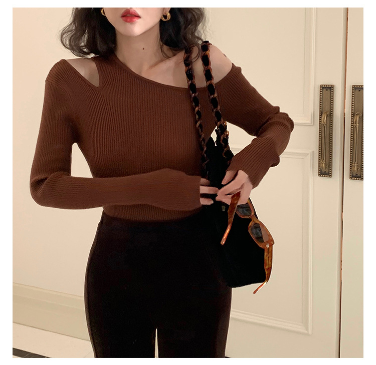 港味复古针织衫T恤女2025新款露肩设计感别致修身显瘦打底衫上衣