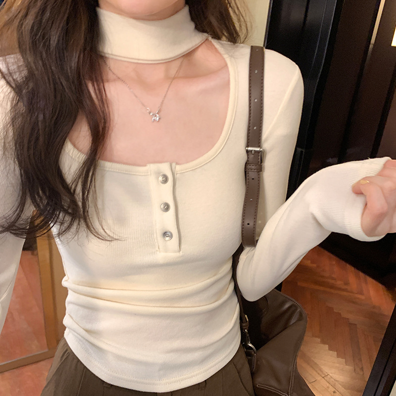 天生尤物收腰显瘦挂脖u领磨毛打底衫女秋冬别致半高领针织衫上衣