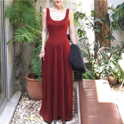 法式复古u领吊带背心针织连衣裙女夏无袖A字收腰显瘦气质芭蕾长裙