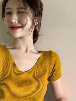 纯欲显瘦夏季新款冰丝针织短袖v领t恤女修身性感纯欲打底小衫上衣