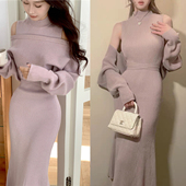 日系纯欲风4way系带罩衫 半高领背心针织连衣裙超好看毛衣两件套