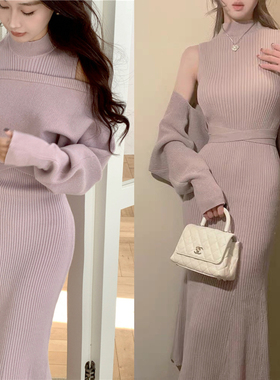 日系纯欲风4way系带罩衫+半高领背心针织连衣裙超好看毛衣两件套
