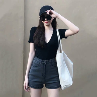 v领短袖T恤女夏心机紧身性感冰丝针织打底衫薄款chic港风复古上衣