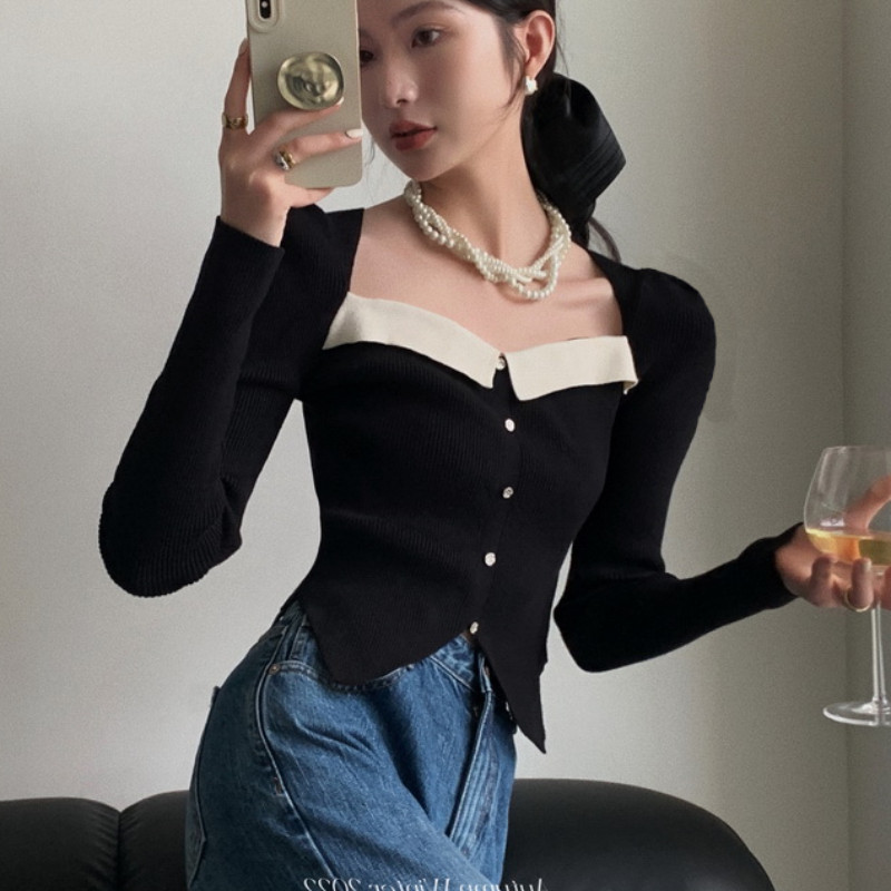 法式小香风方领锁骨针织打底衫女秋冬不规则毛衣修身性感显瘦上衣