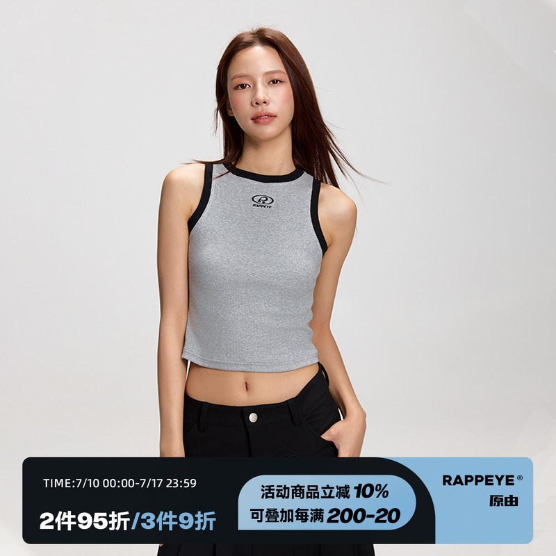 RAPPEYE 美式辣妹显瘦内搭无袖T恤上衣刺绣撞色针织背心女夏外穿