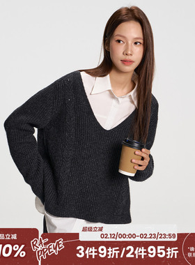 RAPPEYE百搭学院风宽松叠穿羊毛针织衫上衣男女同款镂空V领毛衣