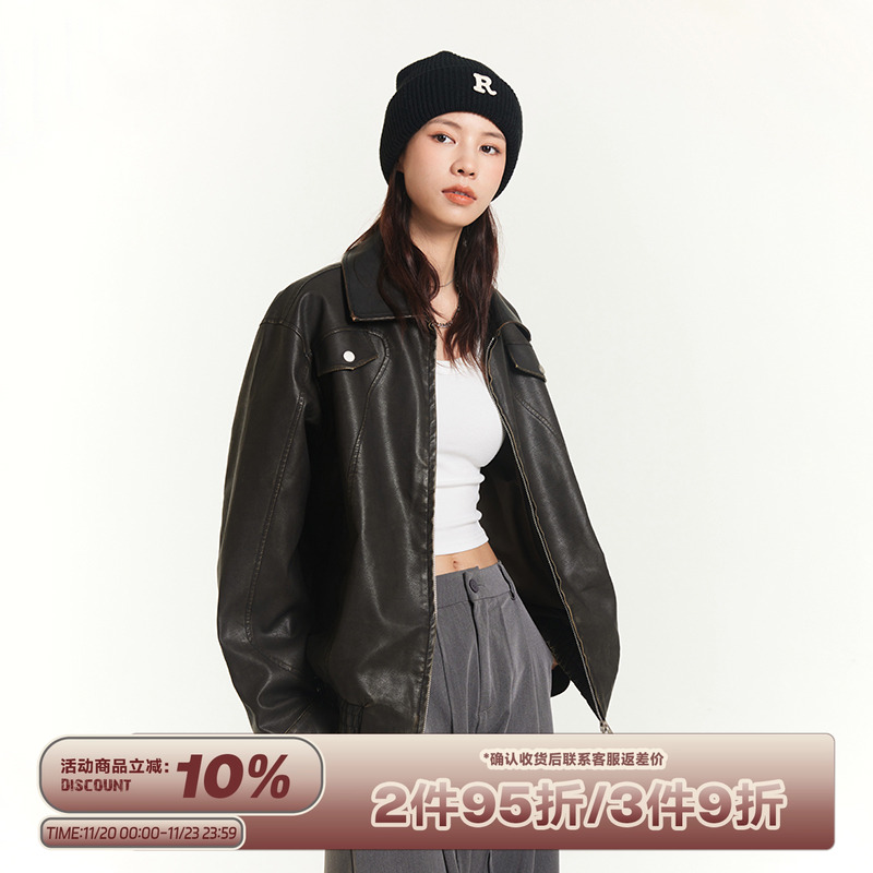 RAPPEYE做旧情侣款翻领复古皮衣