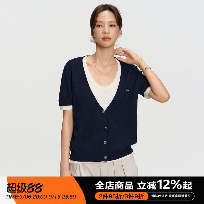 RAPPEYE设计感撞色圆领显瘦开衫拼色百搭上衣假两件针织短袖T恤女图片