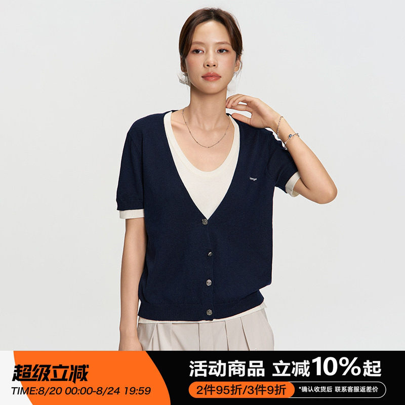 RAPPEYE设计感撞色圆领显瘦开衫拼色百搭上衣假两件针织短袖T恤女