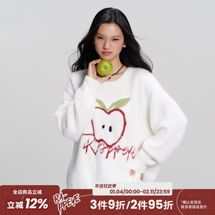 RAPPEYE 苹果刺绣毛绒针织衫上衣宽松慵懒百搭圆领套头仿貂毛毛衣