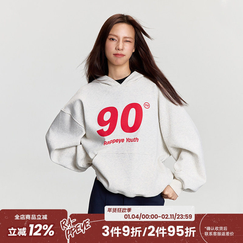 RAPPEYE 美式重磅复古潮牌情侣款帽衫休闲宽松印花90连帽加绒卫衣