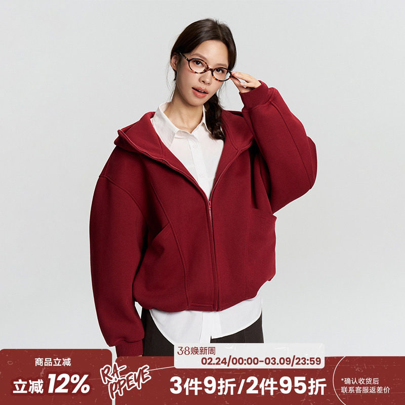 RAPPEYE休闲复古国潮美式重磅连帽情侣款宽松安可拉红色卫衣外套