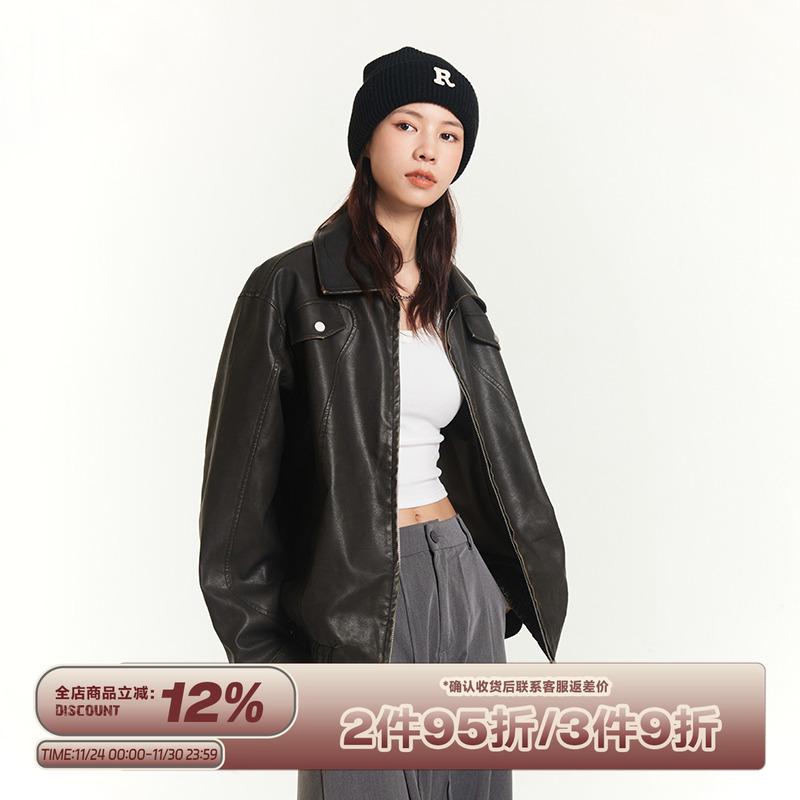 RAPPEYE做旧情侣款翻领复古皮衣