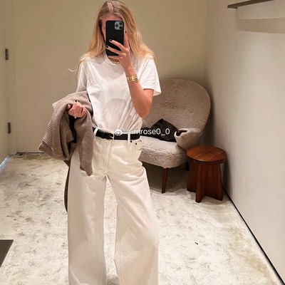 极简中腰直筒阔腿白色牛仔裤