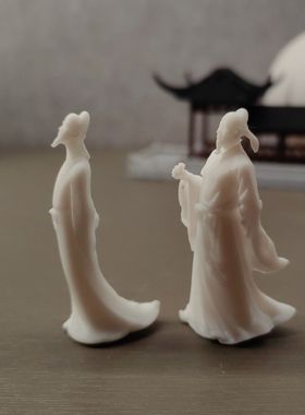 微型古人古风摆件树脂白模李白杜甫人物书房新中式桌面卧室摆件