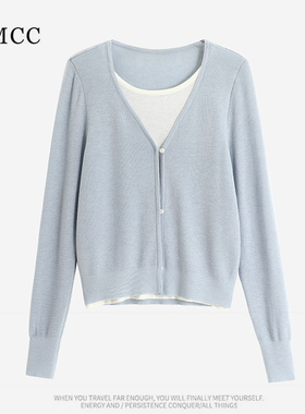 IMCC设计感小众气质假两件拼接长袖针织衫女春新修身显瘦毛衣上衣