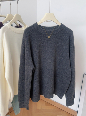 IMCC设计感复古圆领套头毛衣女软糯加厚针织衫保暖内搭长袖上衣