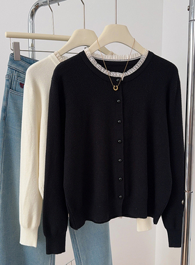 IMCC设计感小众蕾丝边黑色针织开衫女春百搭单排扣圆领毛衣外套