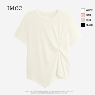 T恤女宽松百搭竹节棉上衣ins IMCC设计感小众不规则下摆褶皱短袖