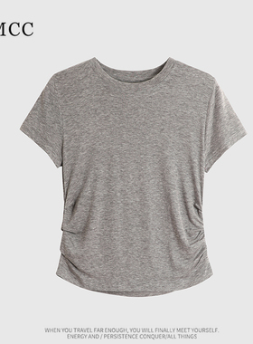 IMCC设计感小众侧抽皱垂感天丝短袖短款T恤女夏宽松百搭正肩上衣